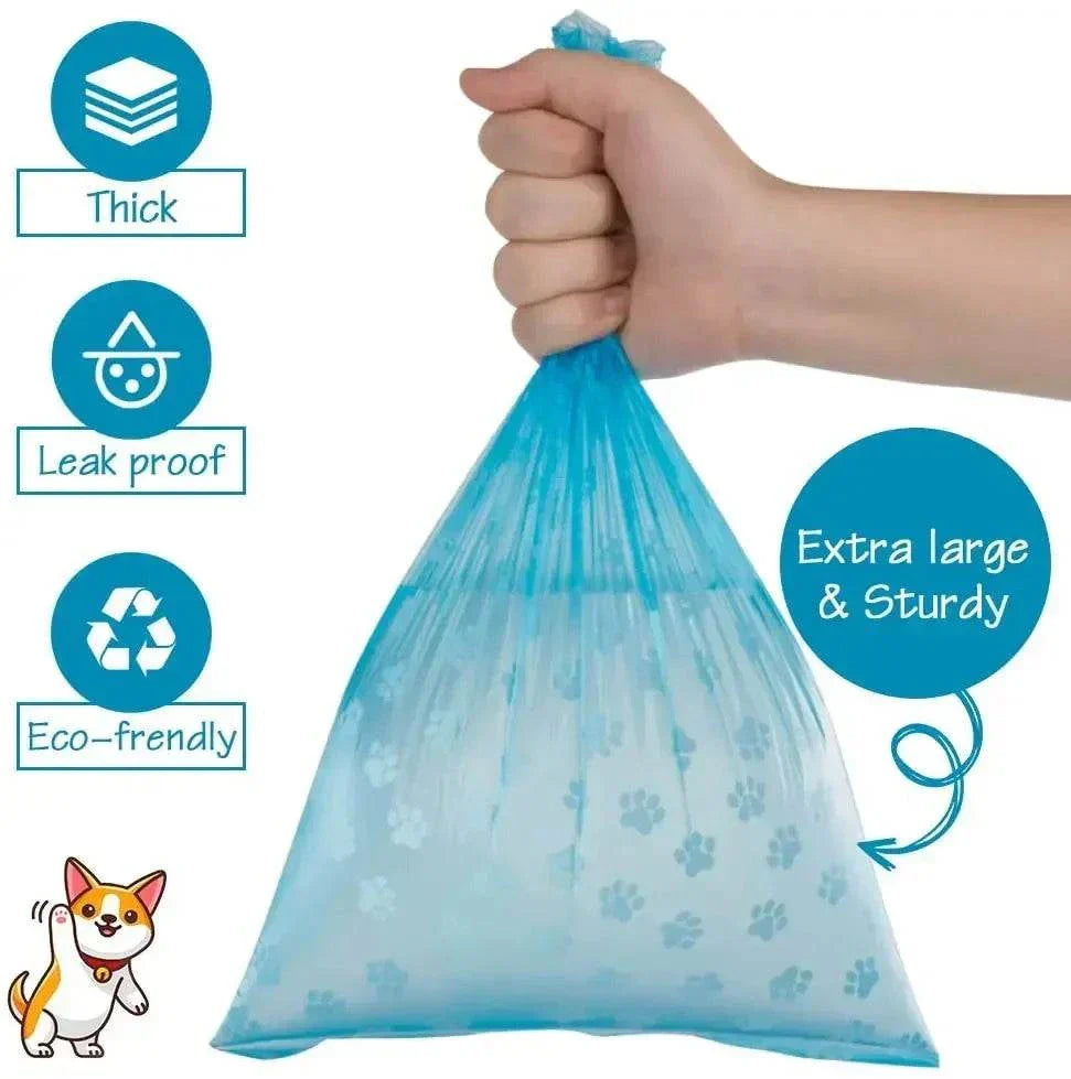 Eco-friendly thick leak-proof pet poop bags with paw print design, extra large and sturdy for dog waste cleanup.