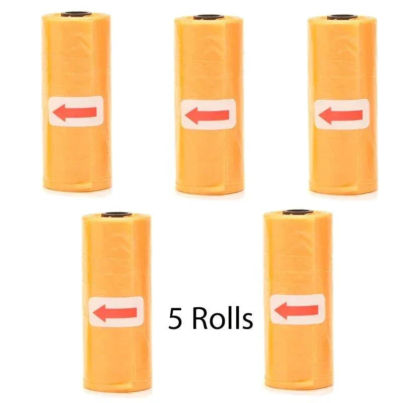 5 rolls of eco-friendly biodegradable pet poop bags with arrow labels for clean pet waste disposal