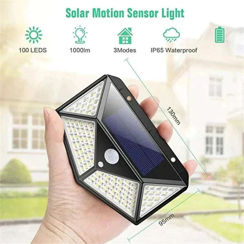100 LED solar wall light with motion sensor and wide-angle illumination for outdoor use