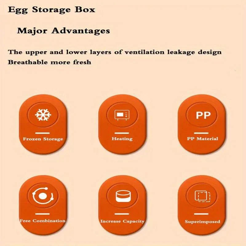 Clear 2-layer kitchen egg storage box holding 32 eggs with groove slots and stackable design
