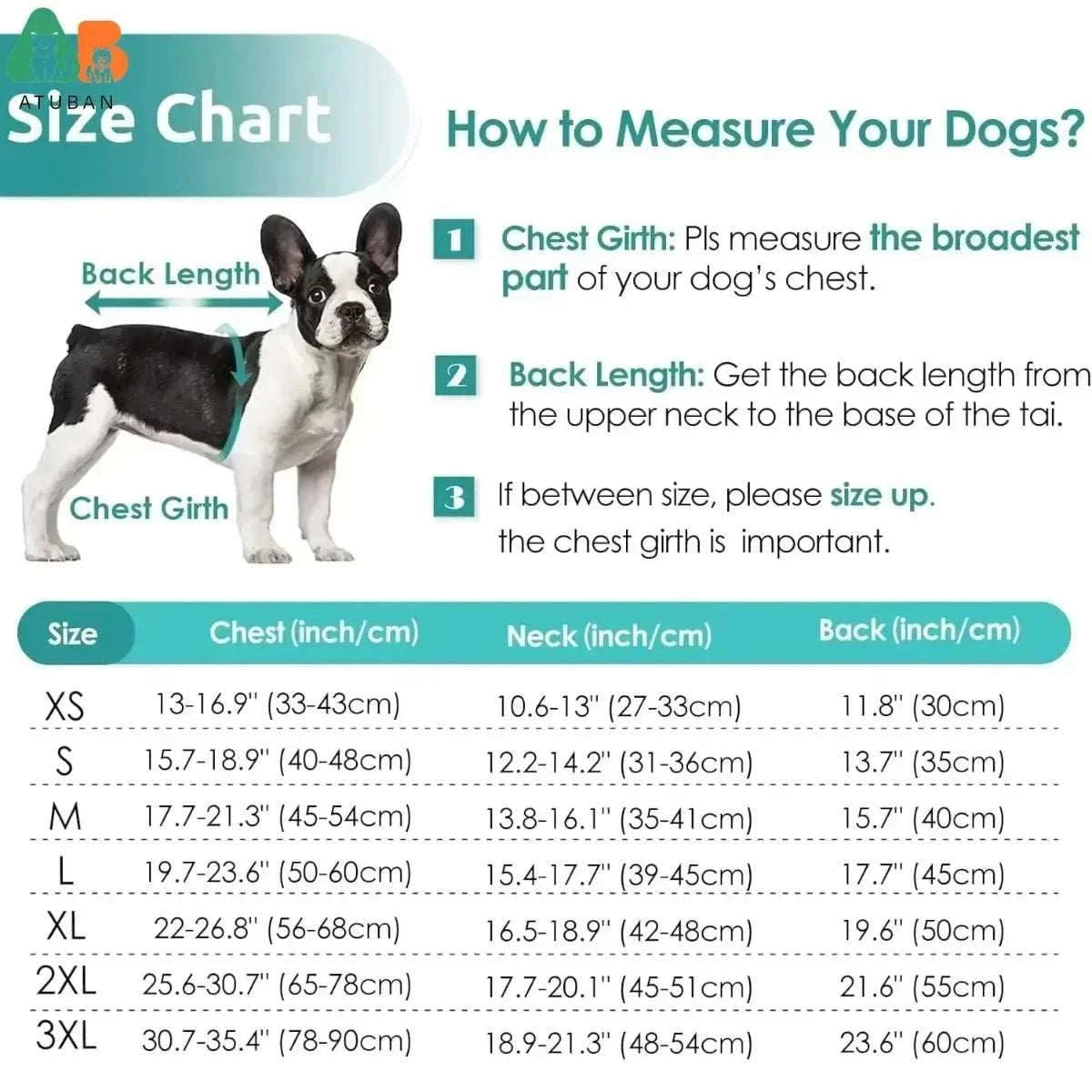 Dog Anxiety Vest size chart with instructions to measure chest girth, neck, and back length for proper fit