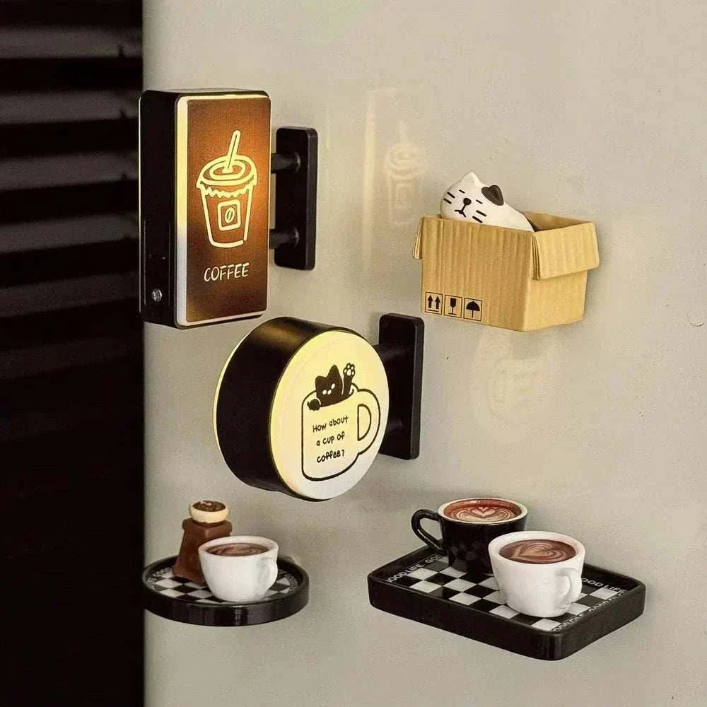 Mini lightbox fridge magnet with coffee and cat design, glowing decorative magnet for kitchen and office surfaces