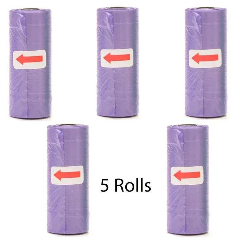 Set of 5 rolls biodegradable purple pet poop bags for dog waste cleanup