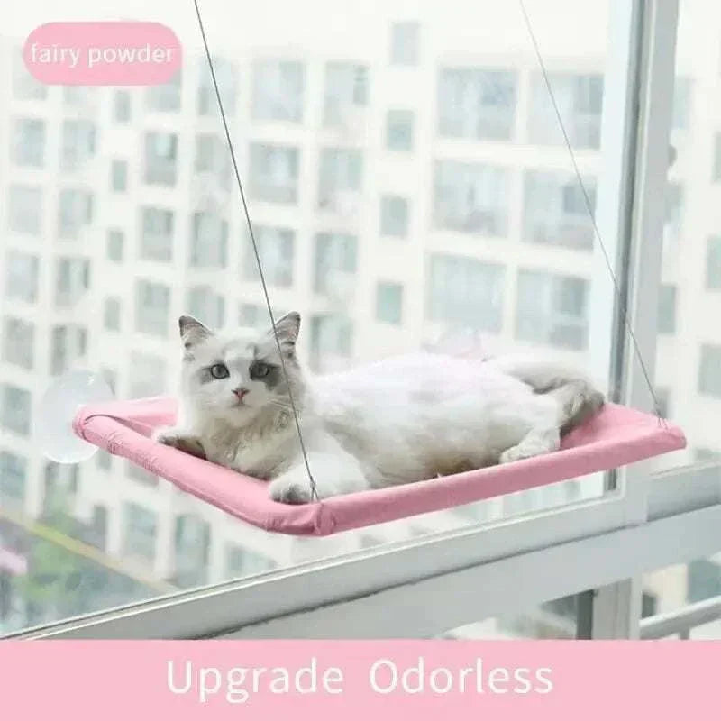 Space-saving pink cat window hammock bed with soft fabric and strong suction cups for secure mounting and cozy feline naptime perch