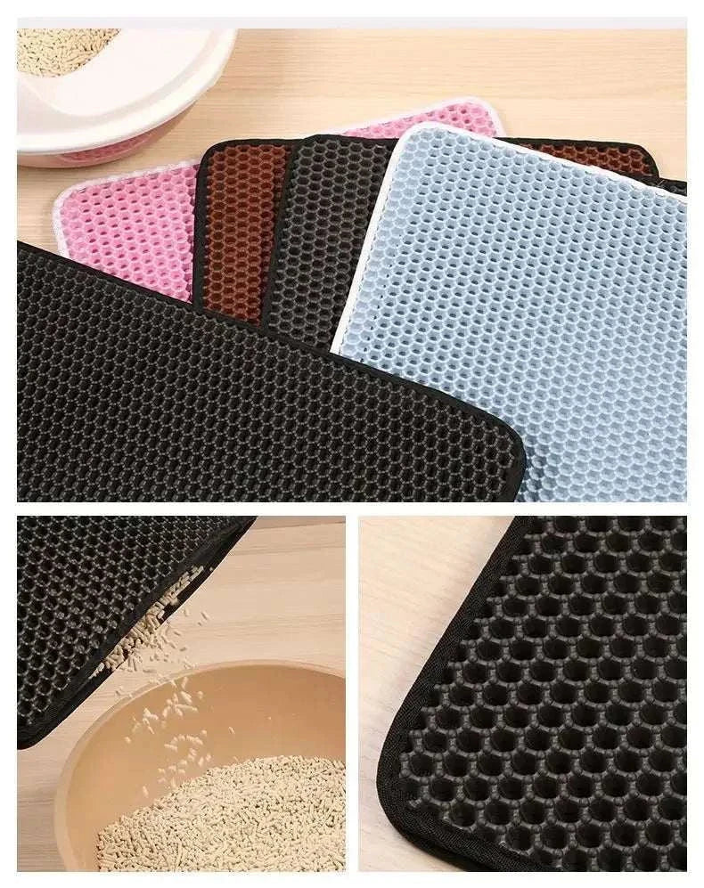 Double layer waterproof cat litter mat with honeycomb surface and anti-slip base trapping scattered litter from cats.