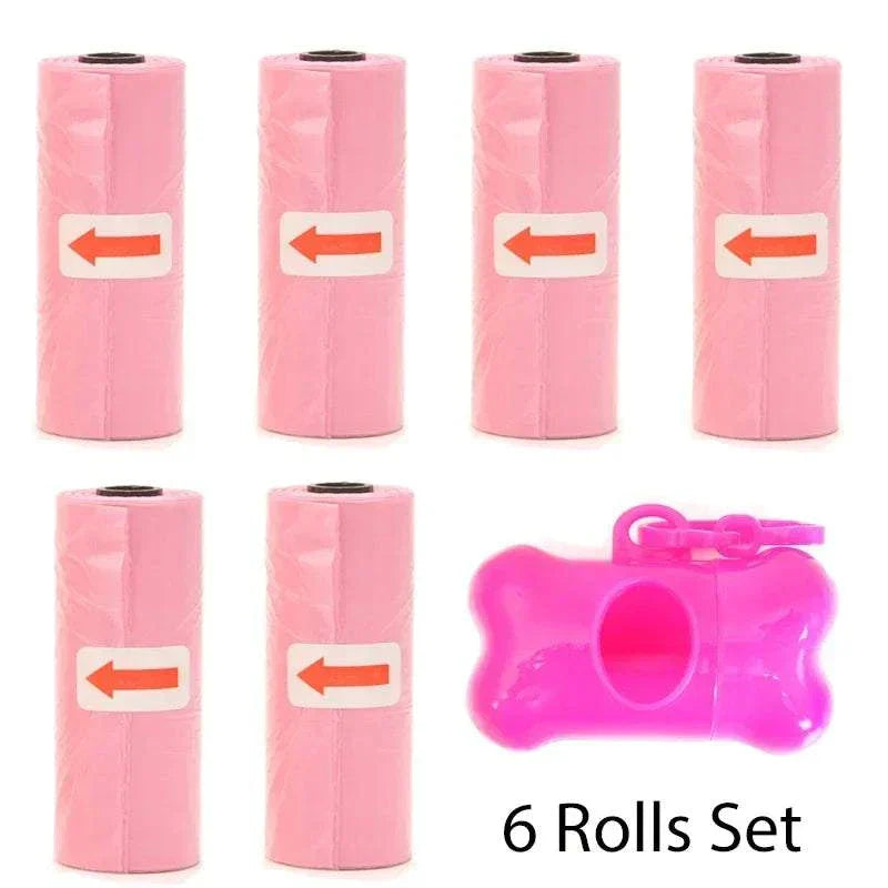 Pink pet poop bags 6 rolls with pink bone-shaped dispenser and leash clip biodegradable dog waste bags