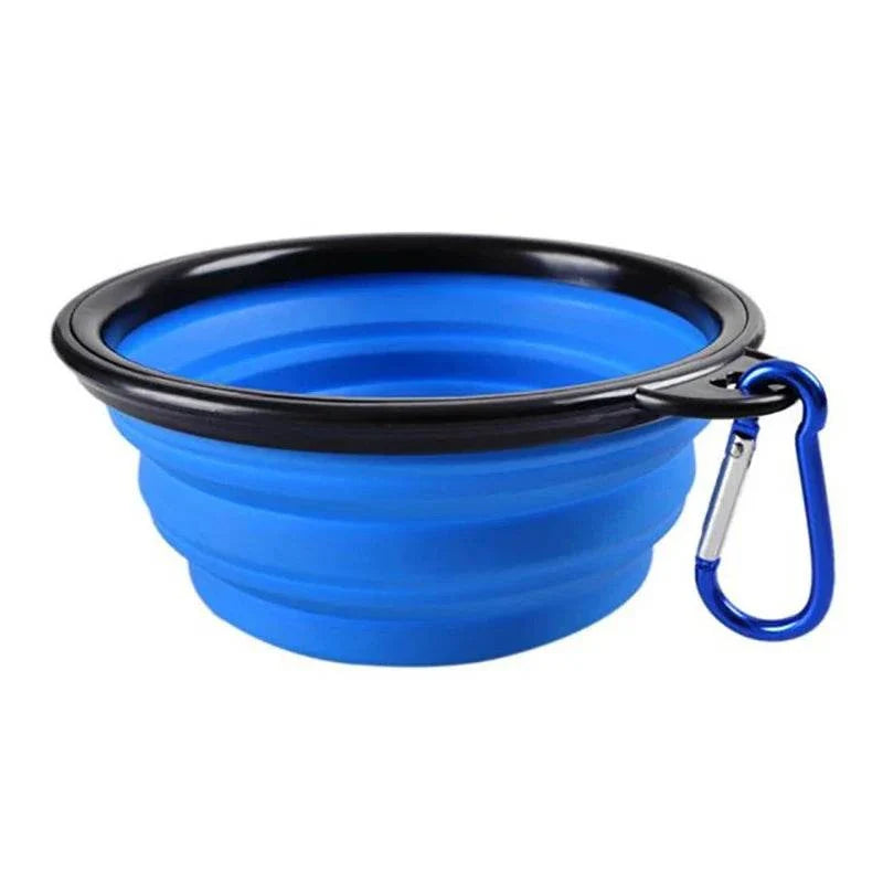 Collapsible blue pet dog bowl with carabiner clip for travel and outdoor use