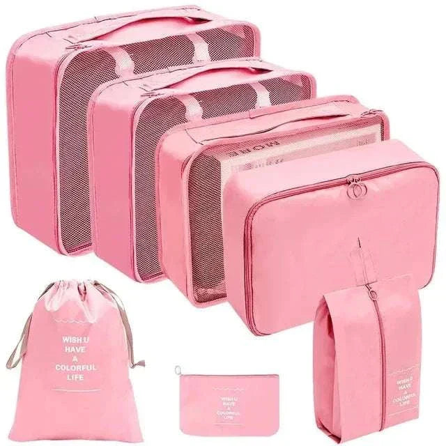 Travel organizer storage bags set with multiple sizes for clothes and accessories, lightweight and durable.