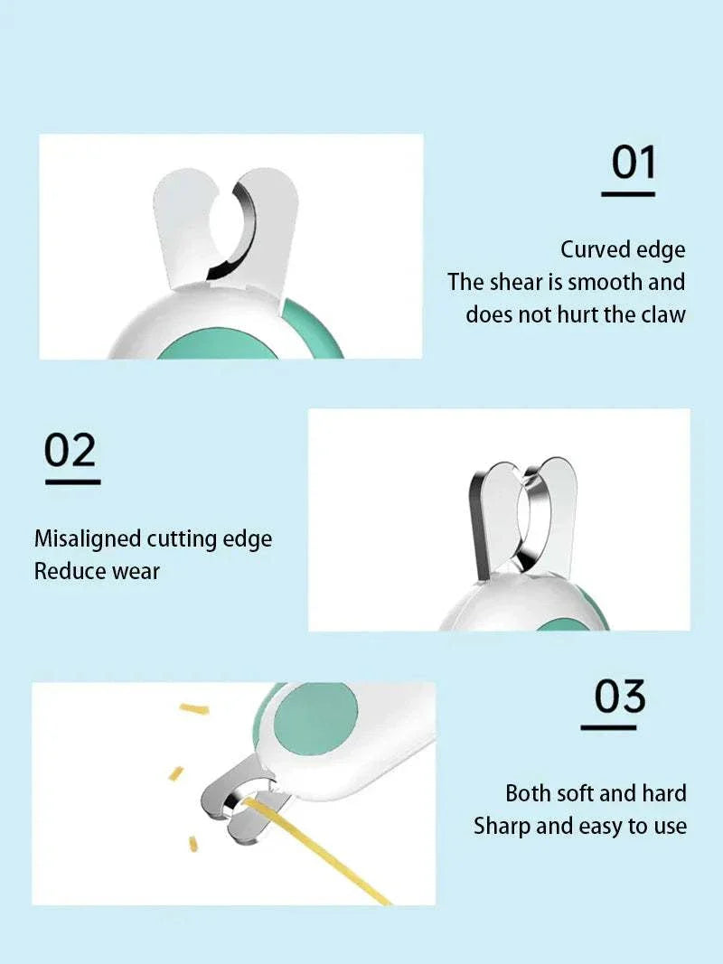 LED light pet nail clipper with safety lock and stainless steel blades for precise grooming of cats and dogs