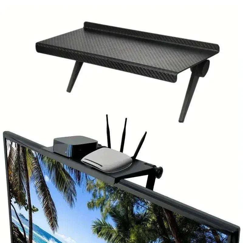 Sleek black and white wireless router and set-top box organizer rack for computer and TV screen storage