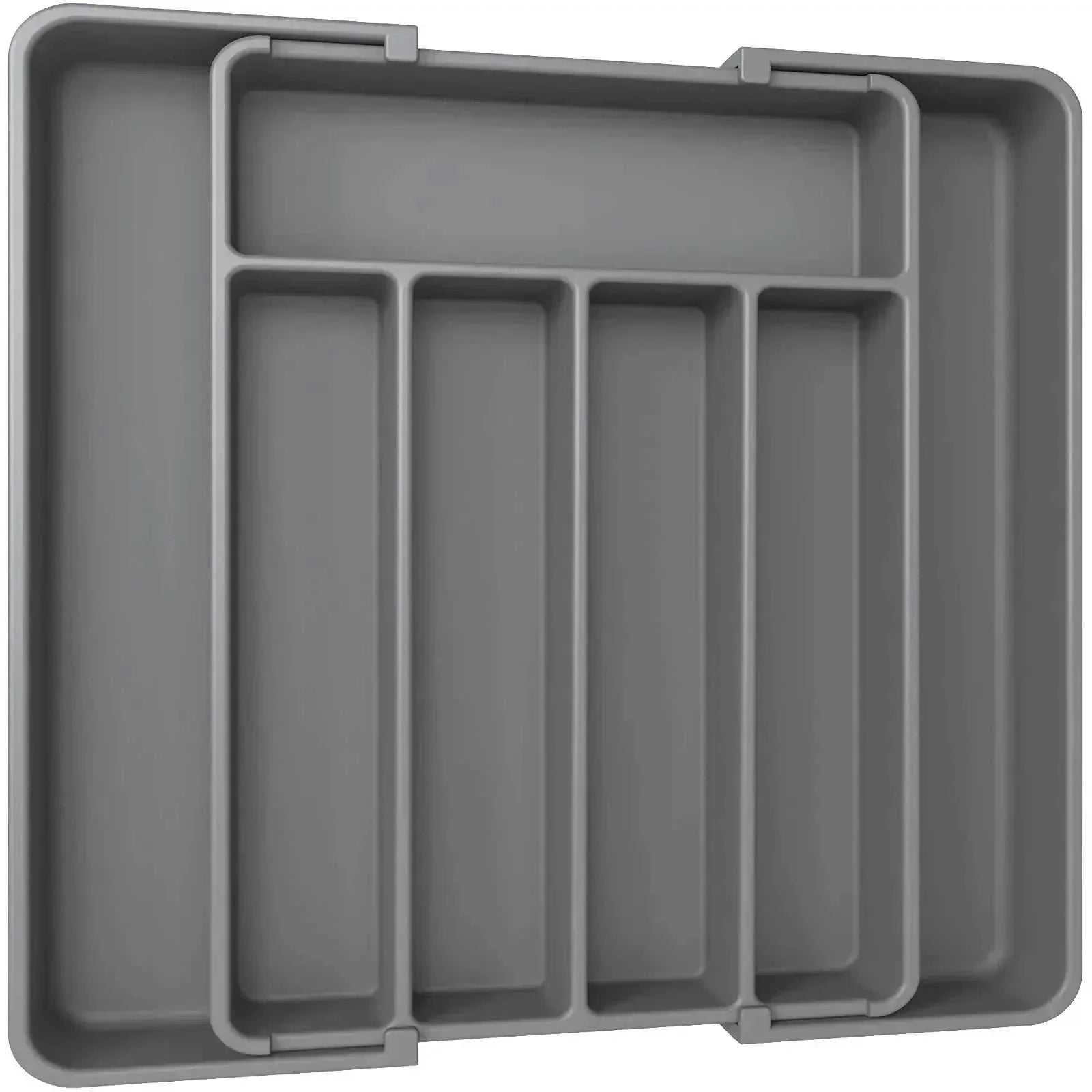 Gray adjustable pantry organizer tray with multiple compartments for kitchen utensils and cutlery