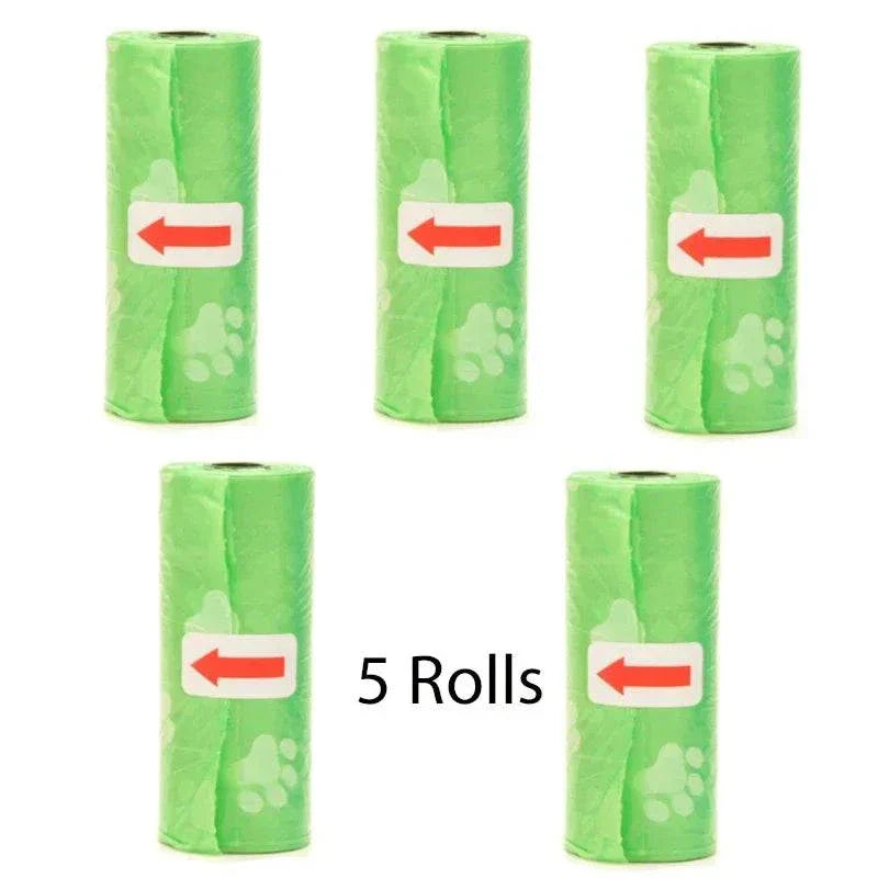 Green biodegradable pet poop bags with paw print design in 5 rolls for dog waste pickup