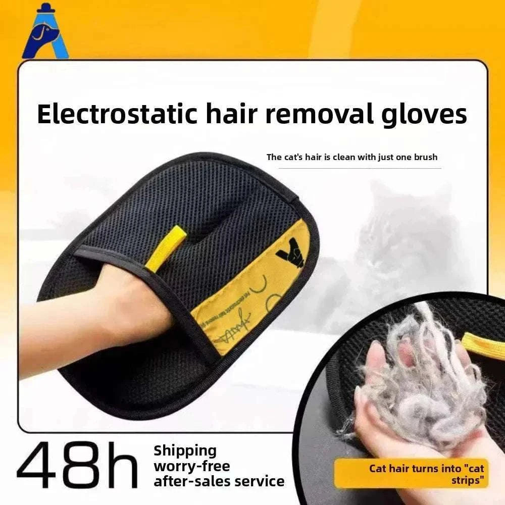 Reusable black electrostatic pet hair glove for removing cat and dog fur from furniture and clothing