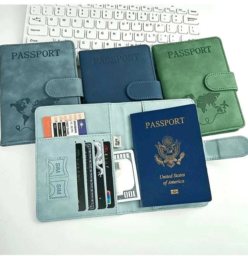 Unisex passport holder for travel with RFID blocking, magnetic closure, multiple slots, and soft PU leather design