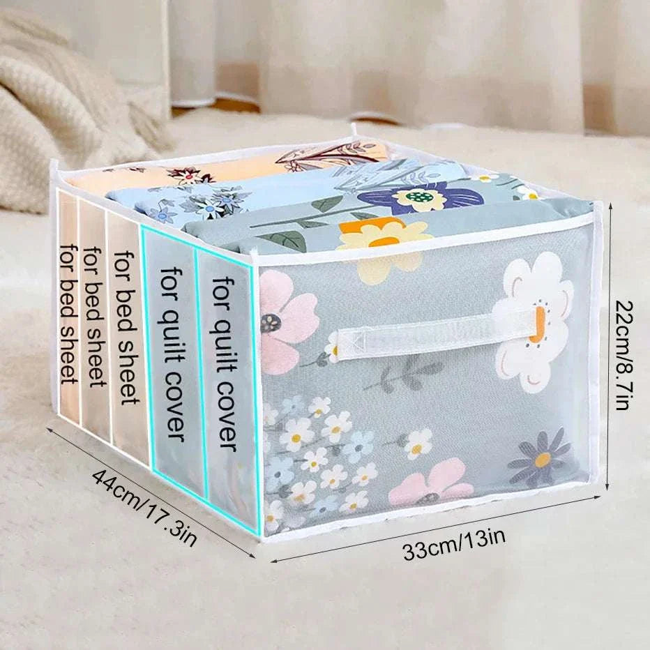 Large capacity quilt cover storage box with 5 grids for bed sheets and quilts, foldable and breathable organizer in gray floral design