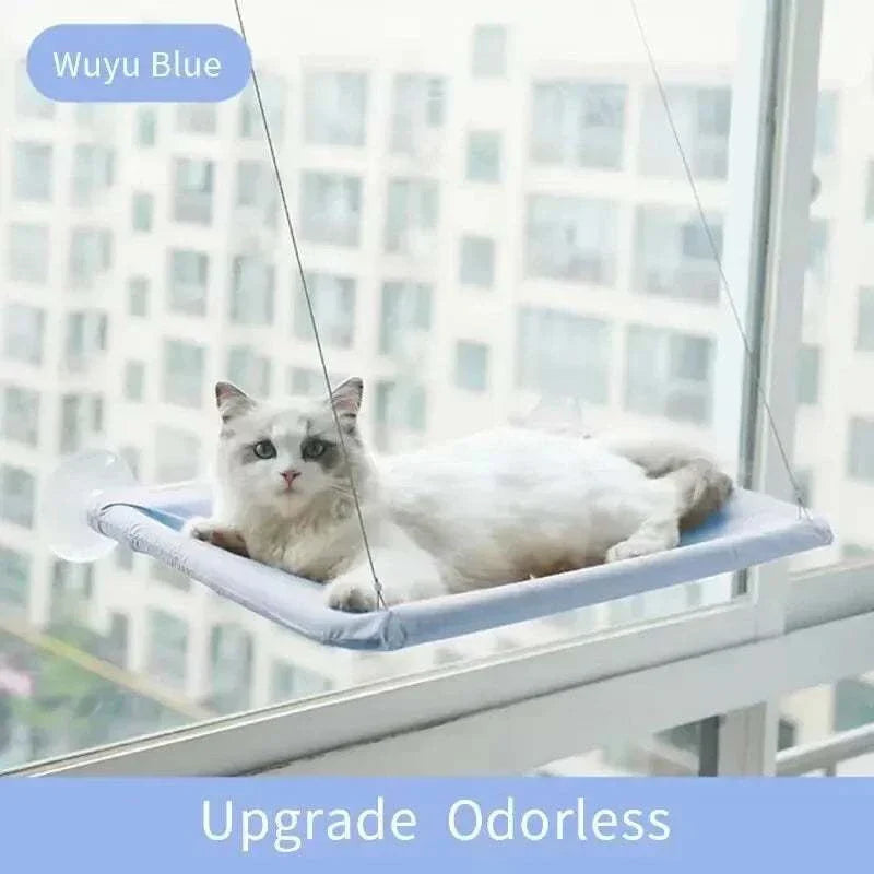 Space-saving ultra-soft cat window hammock bed with secure suction cups and breathable fabric in Wuyu Blue color