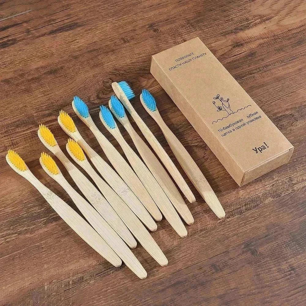 10-piece colorful bamboo toothbrush set with black charcoal bristles and biodegradable handles