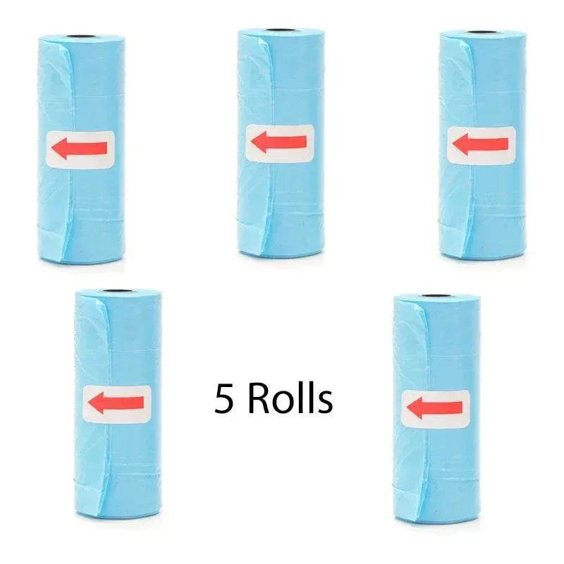 Five rolls of blue disposable pet poop bags for dog waste cleanup