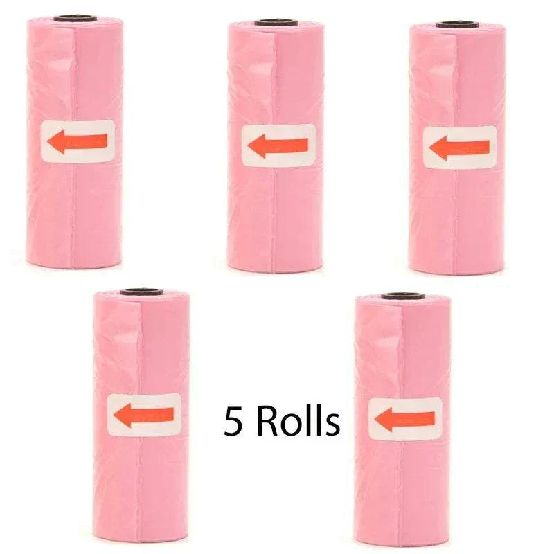 Set of 5 pink pet poop bags rolls for dog waste disposal biodegradable and eco-friendly
