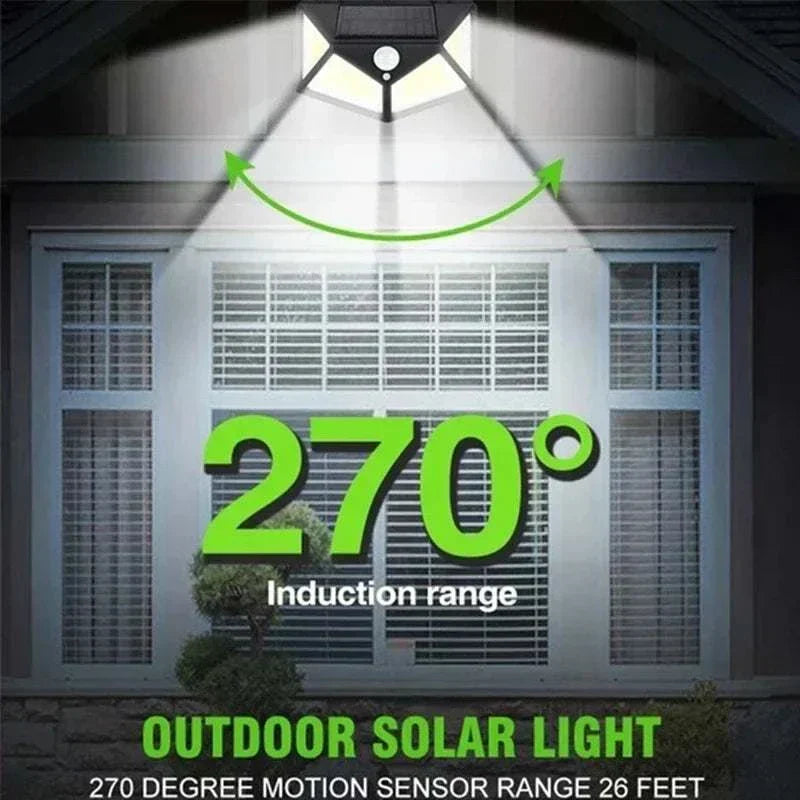 100 LED solar wall light with motion sensor and wide-angle illumination outdoors
