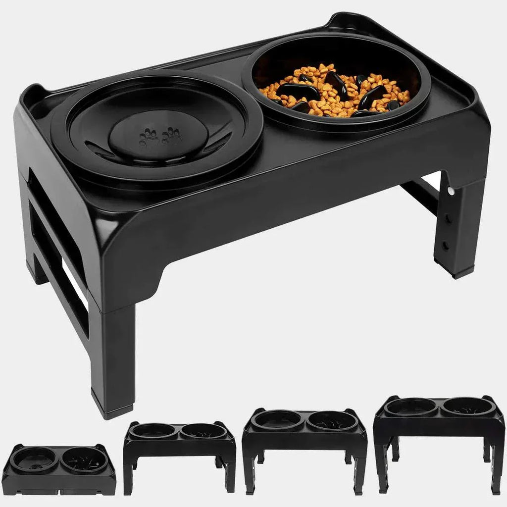 Adjustable black elevated dog bowls with slow feeder and anti-spill water bowl for large and medium dogs