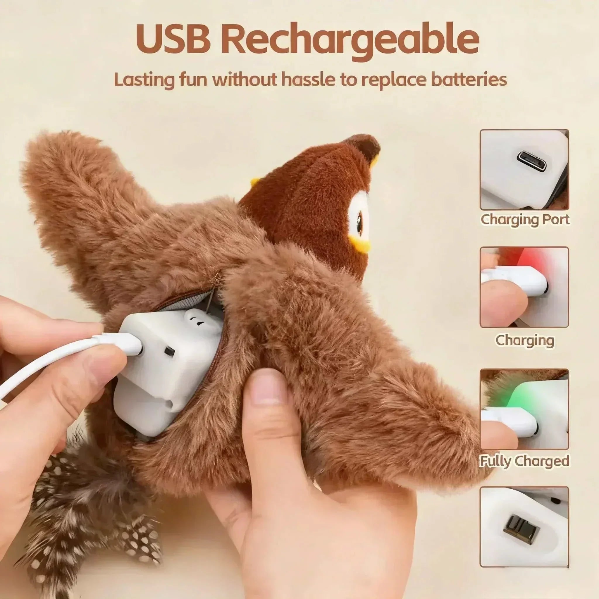 Interactive simulated bird cat toy with chirping sounds and flapping wings for pet play