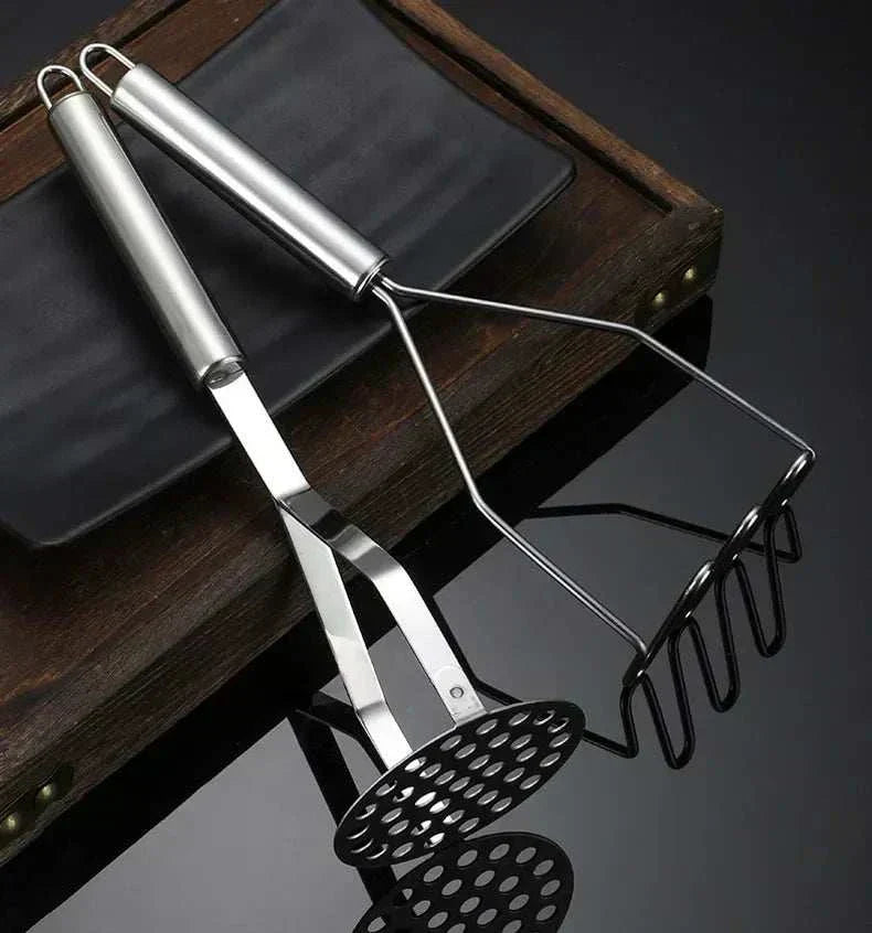 Durable stainless steel potato masher with ergonomic grip and rounded wire head for smooth mashing and cookware protection. Stainless Steel Potato Masher