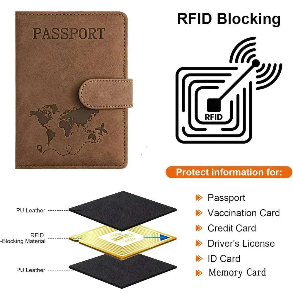 Unisex soft PU leather passport holder for travel with RFID blocking and magnetic closure