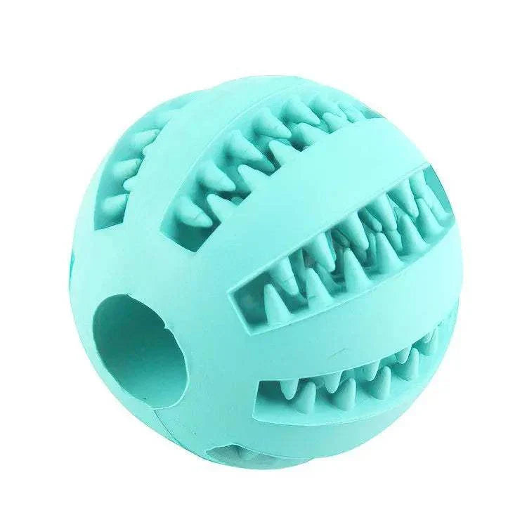 Durable rubber dog toy ball for chewing, teeth cleaning, and treat feeding