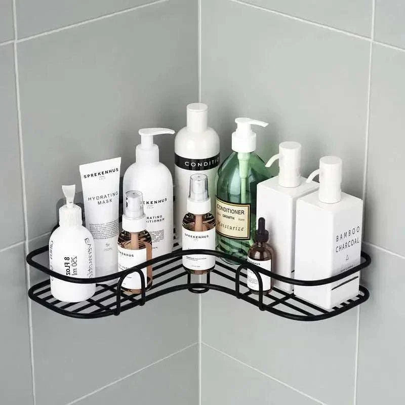 Stainless steel corner shower caddy wall-mounted bathroom organizer with multiple bottles on gray tiled wall