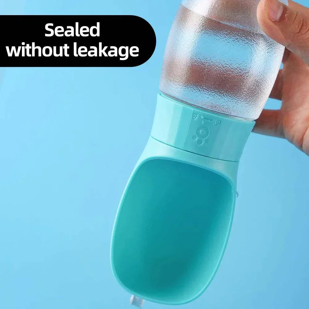 Portable turquoise leak-proof dog water bottle with integrated drinking bowl for outdoor use