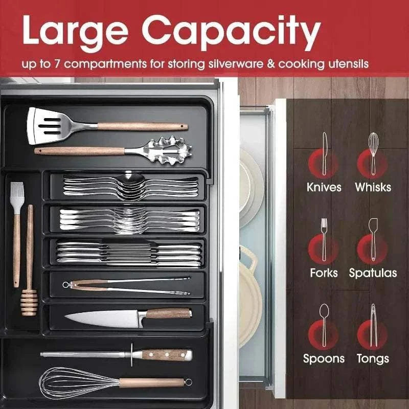 Expandable adjustable pantry organizer with large compartments for silverware and kitchen utensils storage