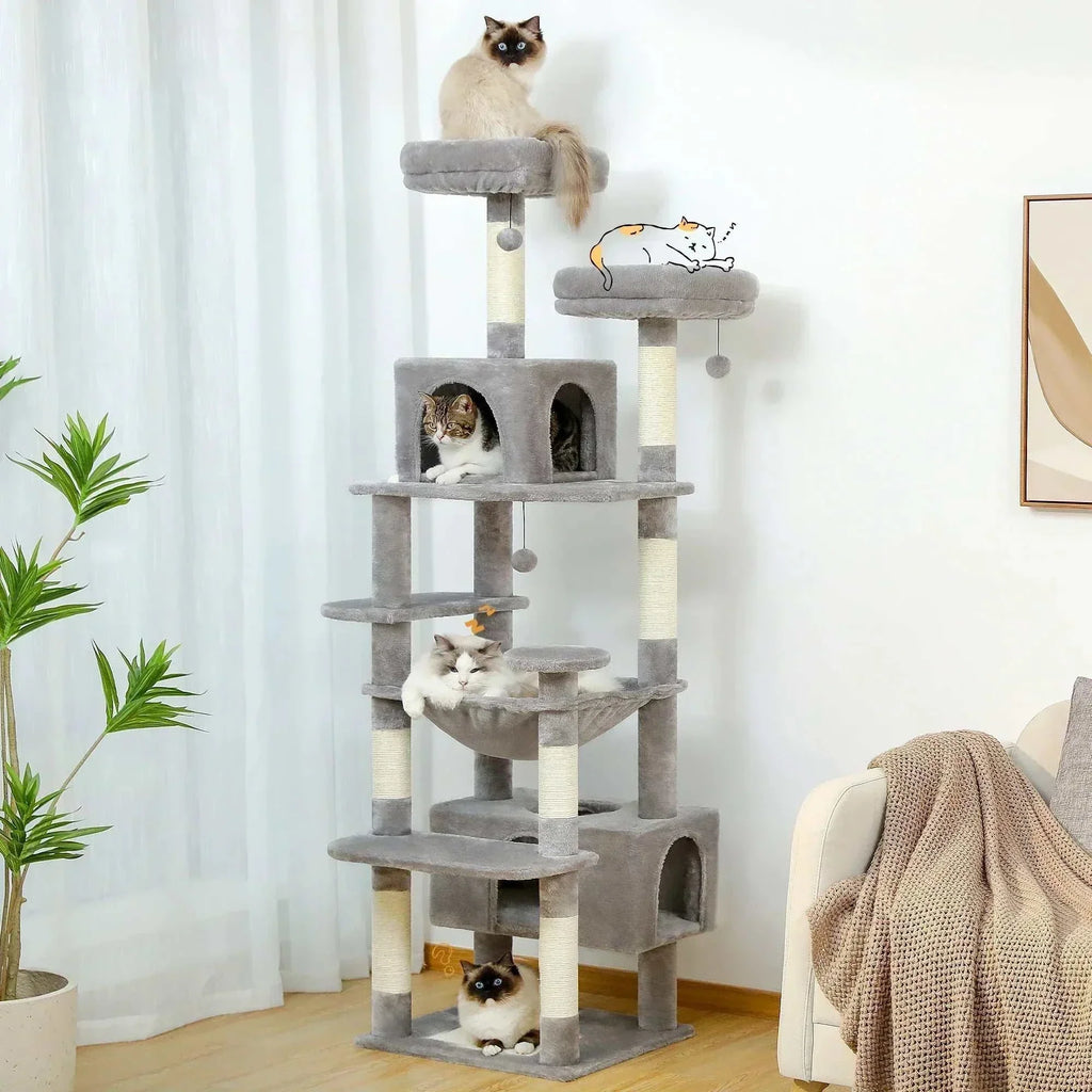Large grey indoor cat tree with sisal-covered scratching posts, multiple padded perches, condos, and hammock for large catsLarge Cat Tree
