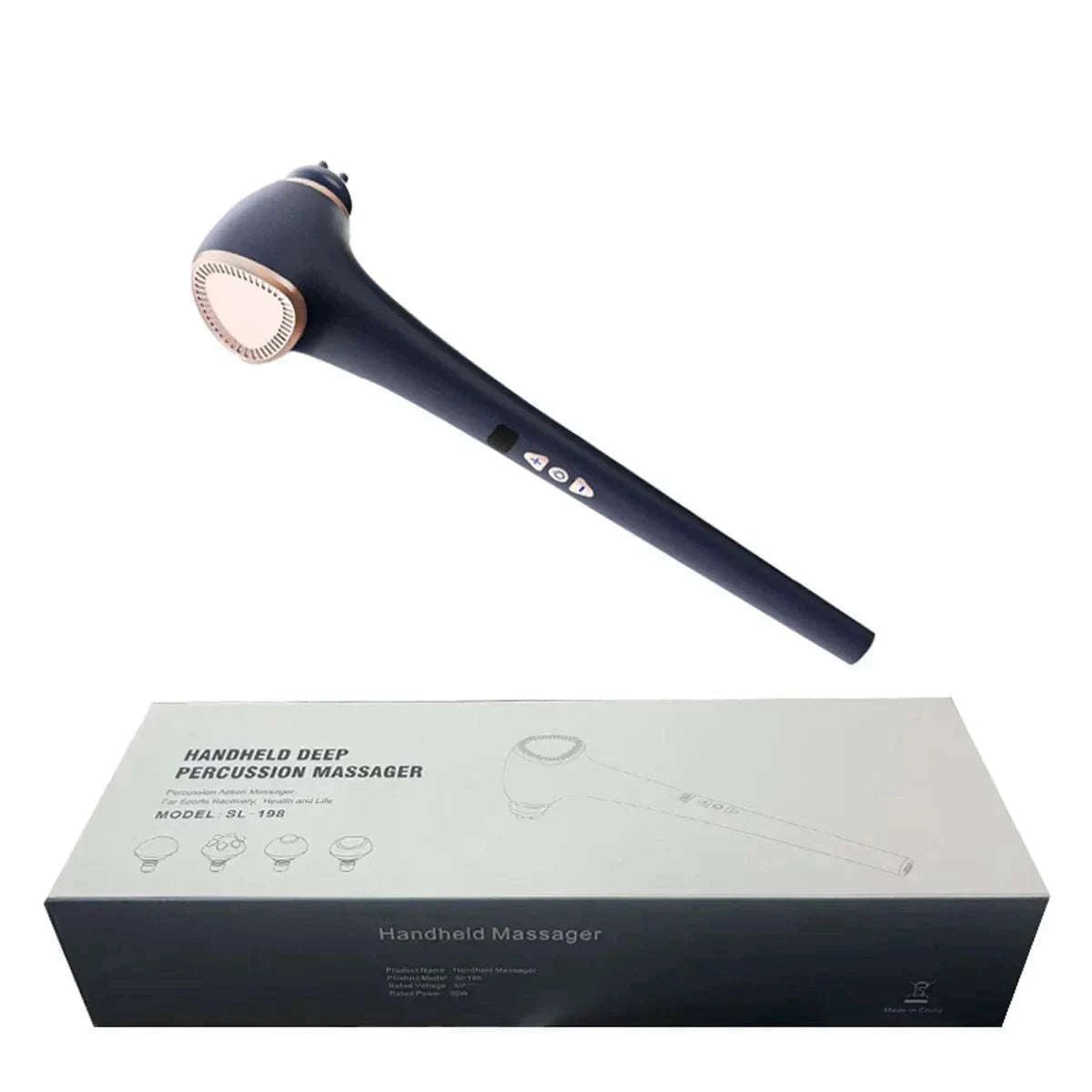 Handheld electric massage gun for deep tissue muscle relief with ergonomic handle and multiple massage heads