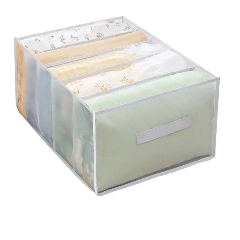 Large capacity quilt cover storage organizer with 5 mesh compartments for bedding and clothes, foldable and washable.