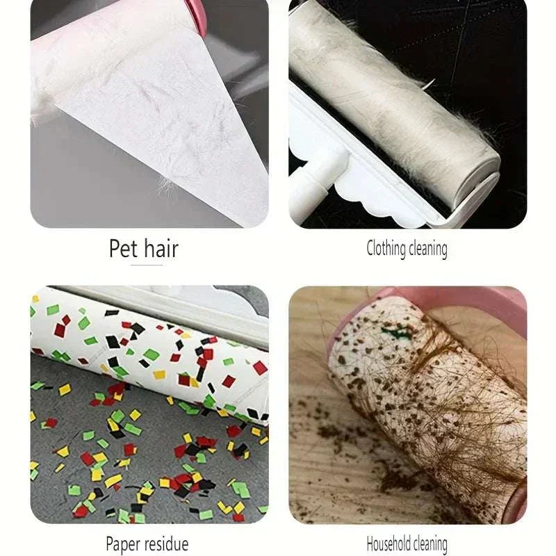 Extra-Sticky Lint Roller removing pet hair, clothes lint, paper residue, and household debris cleaning tool