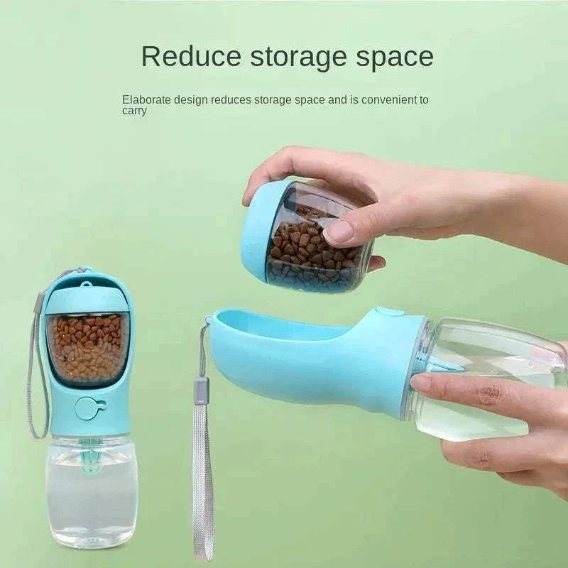 Portable dog cat water bottle with attached food storage container for outdoor pet travel and feeding