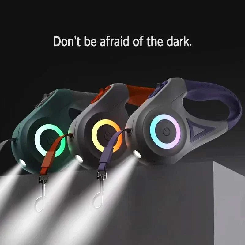 LED retractable dog leash with built-in light and ergonomic handle for safe nighttime pet walks