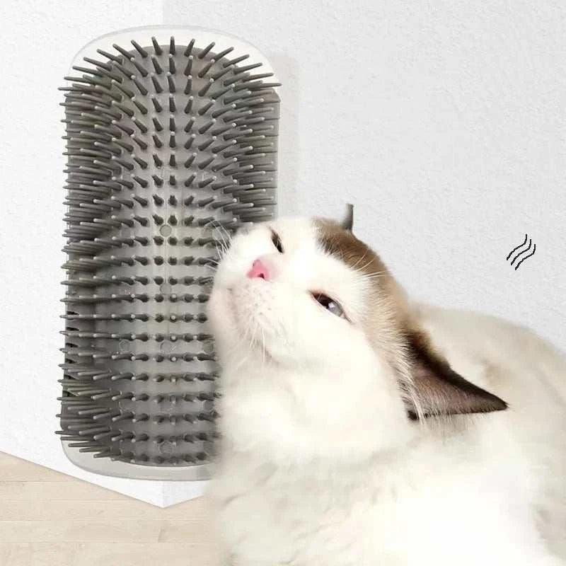 Corner-mounted pet cat brush for grooming and massage with durable plastic and detachable design