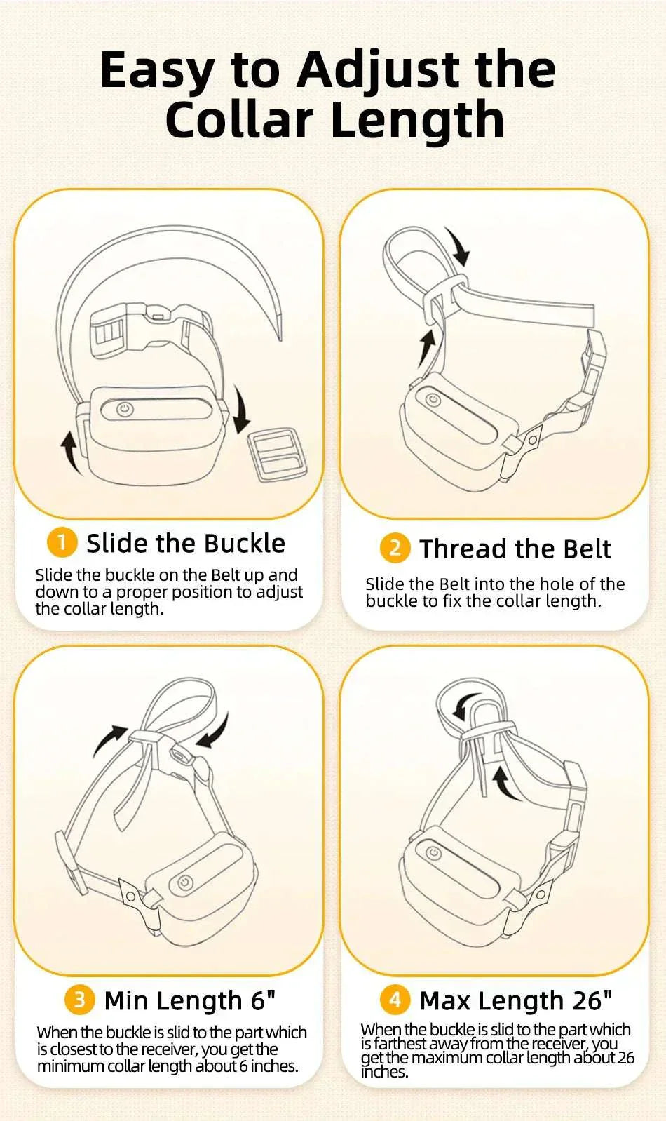 Adjustable electric dog training collar with buckle and belt for length customization, suitable for sizes 6 to 26 inches.