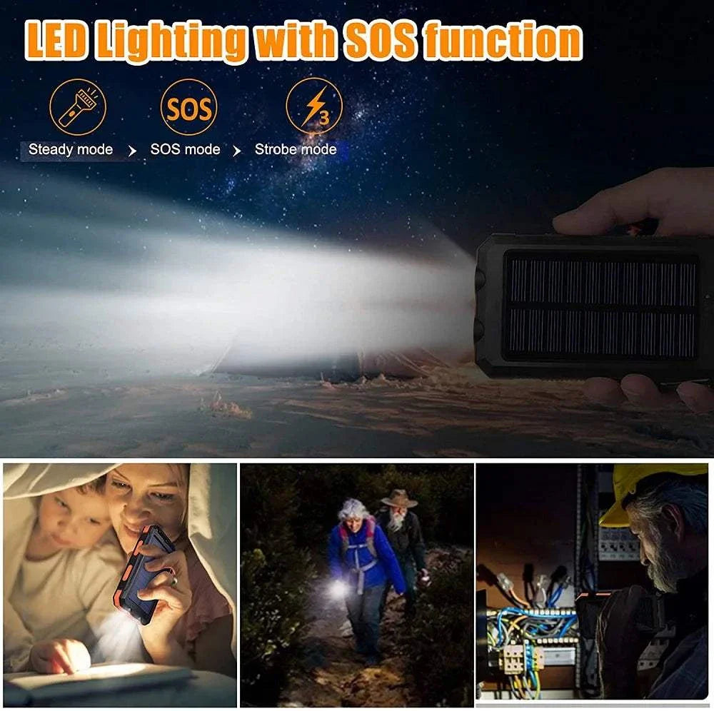 Solar power bank with 80000mAh capacity and strong LED light featuring SOS function for outdoor travel and emergency use