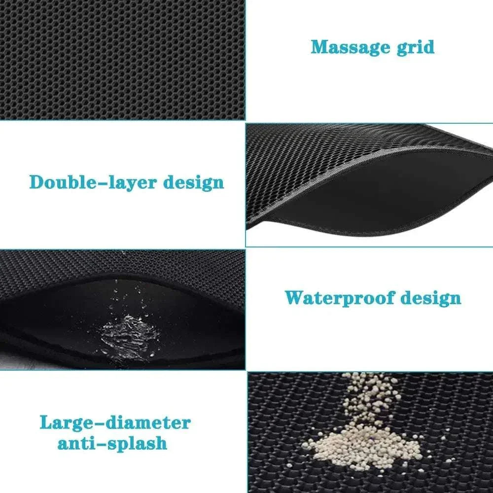 Double layer waterproof cat litter mat with honeycomb surface and non-slip base designed to trap litter and protect floors
