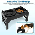 Black elevated dog bowls with slow feeder and anti-spill water bowl on adjustable stand for medium and large dogs