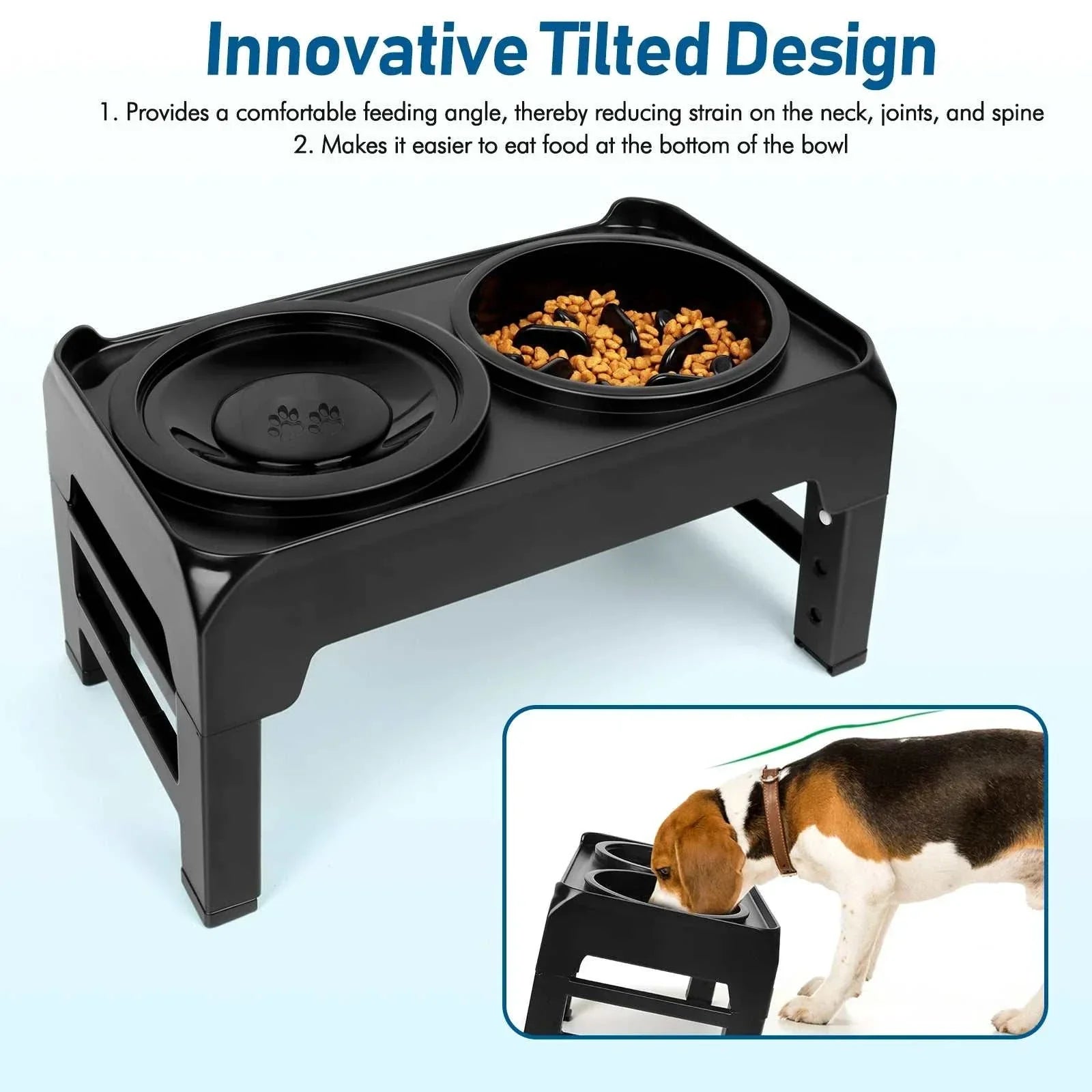 Black elevated dog bowls with slow feeder and anti-spill water bowl on adjustable stand for medium and large dogs