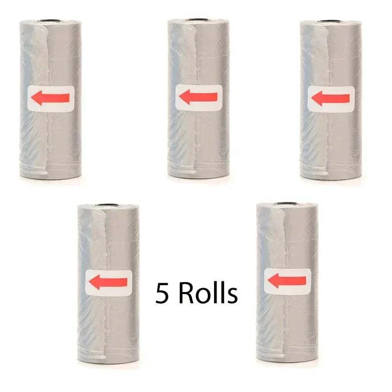 Five rolls of biodegradable pet poop bags with red arrow labels for clean pet waste disposal