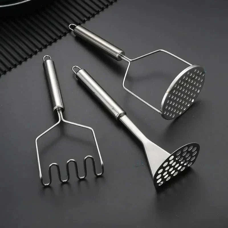 Durable stainless steel potato masher with ergonomic handle and rounded wire head for smooth mashing and cookware protection