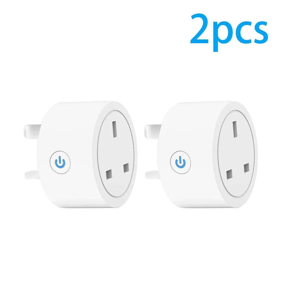 Two white 20A Tuya Smart Socket WiFi UK plug adapters with power button and 3-pin design
