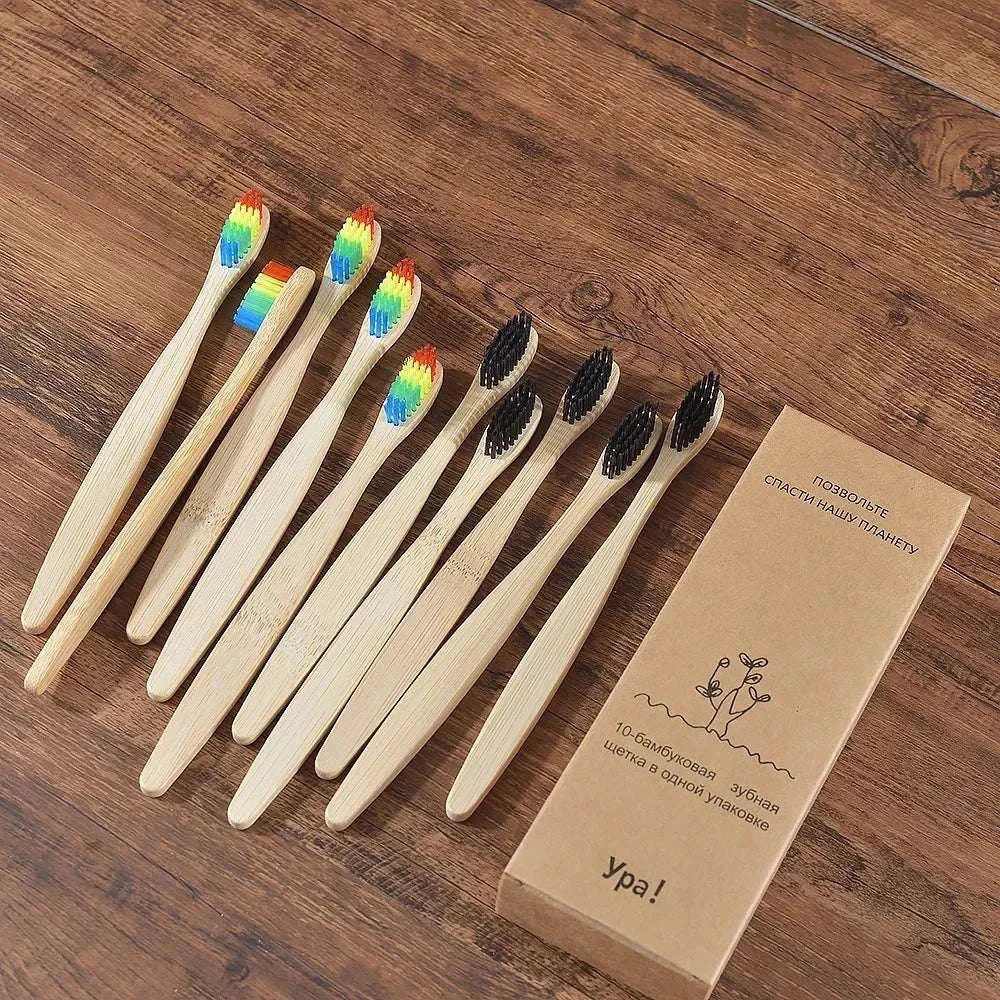 Natural bamboo toothbrush set with black bristles, eco-friendly and biodegradable handles