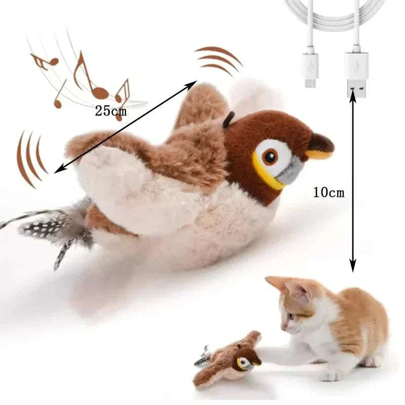 Interactive plush simulated bird cat toy with chirping sounds and flapping wings