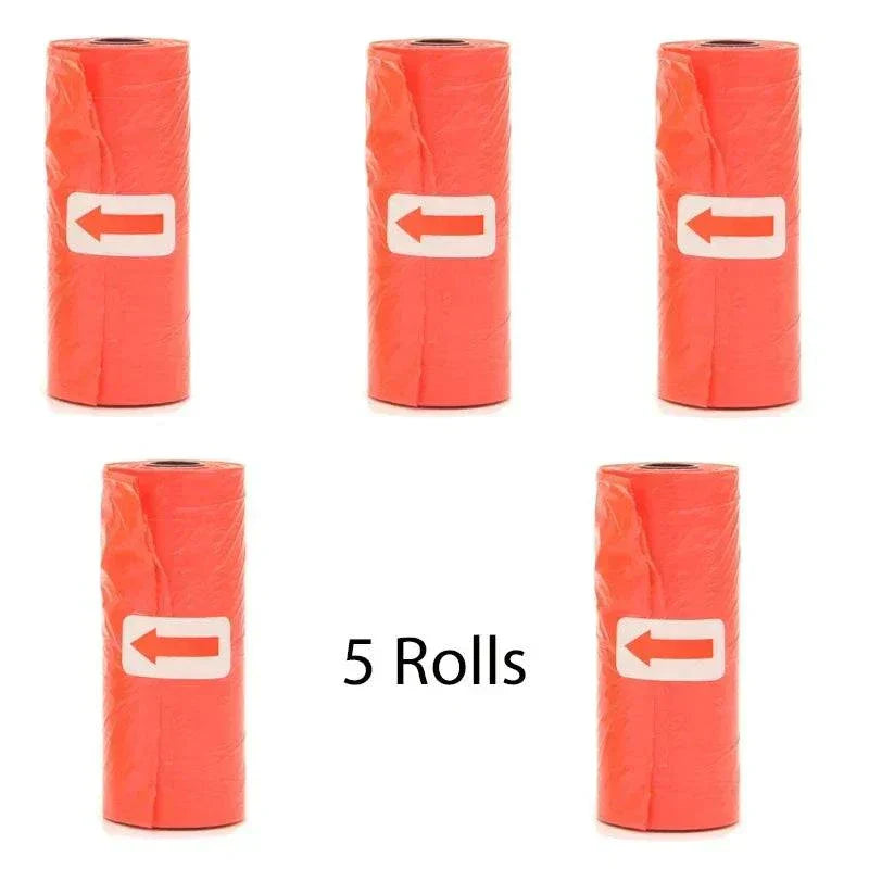 Red pet poop bags in 5 rolls for dog waste cleanup with biodegradable material and bone-shaped dispenser clip